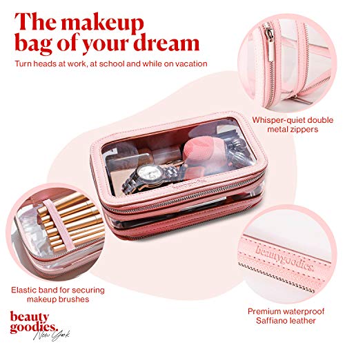 Makeup Bag with Brush Organizer - Dual-Side, Saffiano Leather Cosmetic Organizer with Clear TSA Compliant Compartments. Makeup Kits for Teen Girls. Travel Makeup Bag for Purse. Gifts for Women