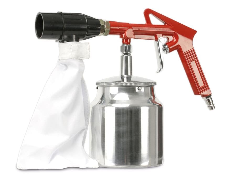 DAYTOOLS Sandstrahlpistole SP-850, 6-teilig | Robuste Druckluft-Sandstrahlpistole mit Stahldüse, Vorratsbehälter und Auffangsack | Inkl. 4 Gummi-Formdüsen und 400 g Strahlgut | Arbeitsdruck 3 bar