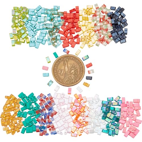 NBEADS About 450 Pcs Half Cut 2-Hole Glass Spacer Seed Beads, 4.5-5x2mm Rectangle Mini Japanese Glass Beads for Bracelet Necklace Earring Jewelry Making - 15 Colors