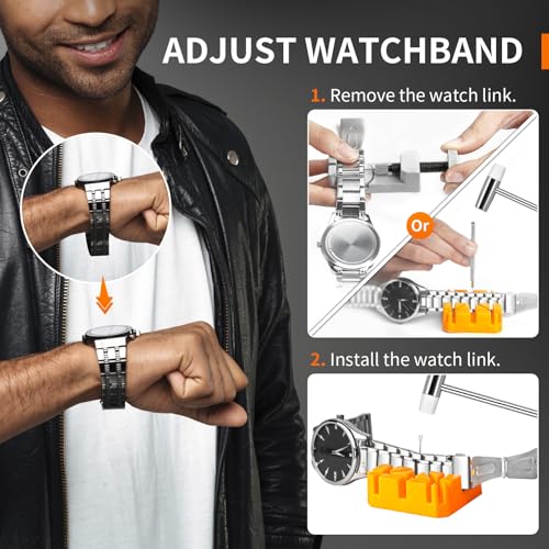 【2024 New】JOREST Watch Repair Tool Kit, Watch Battery Replacement, Watch Strap Adjustment, Band Link Removal, Wrench Case Opener, Pry Opening Back Cover, Bracelet Pin Remover, Screwdriver, Spring Bar
