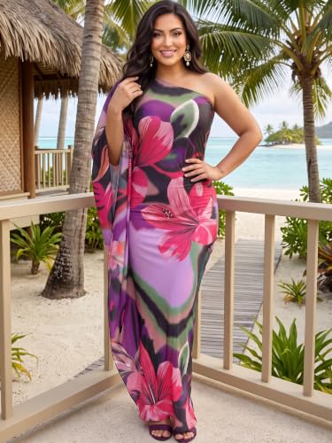 Image of KOH KOH Womens Long One Shoulder Hawaiian Flower Print Cocktail Maxi Dress