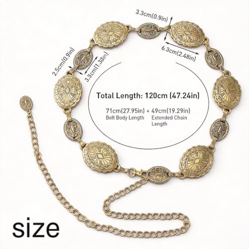 Image of SANNIDHI Waist Chain for Women for Saree Gold Metal Concho Waist Belt Stylish Boho Western Hip Belt Fashion Adjustable Cowgirl Jewellery Chain Belts for Dresses, Jeans, Skirts, Beach Outfits