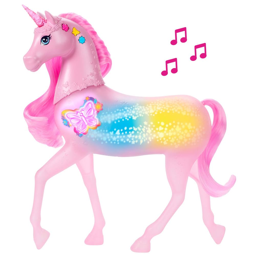 Barbie - Unicorno Luci Brillanti, cavallo con 20 combinazioni interattive di luci, suoni e musica, premi i pulsanti e accarezza la testa per attivarlo, giocattolo per bambini, 3+ anni, JCP78
