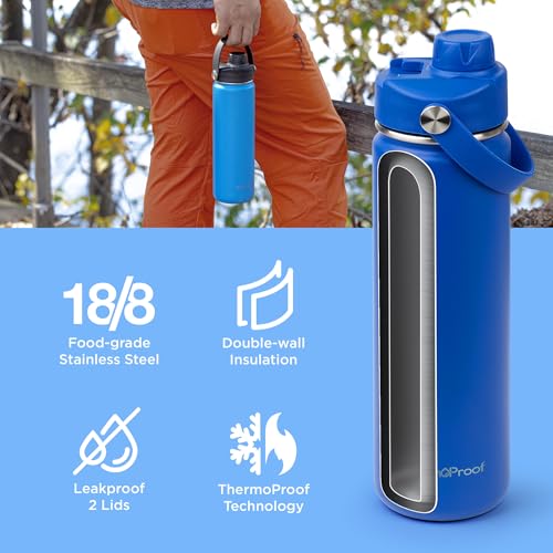 Image of ThermoProof Double-Walled Vacuum Insulated Stainless Steel Water Bottle - Wide Mouth with Chug & Spout Lids, Dishwasher Safe, Reusable, Leakproof, Hot & Cold for Men, Women & Kids - 22oz, Blue