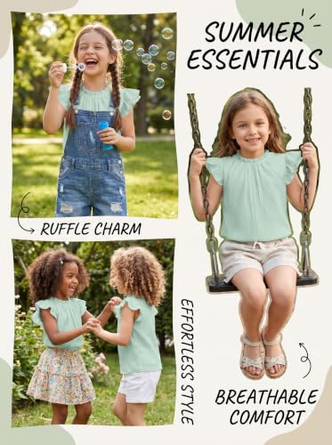 Image of Arshiner Girls Ruffle Short Sleeve Shirts Cute Summer Frill Neck Pleated Textured Blouse Tops