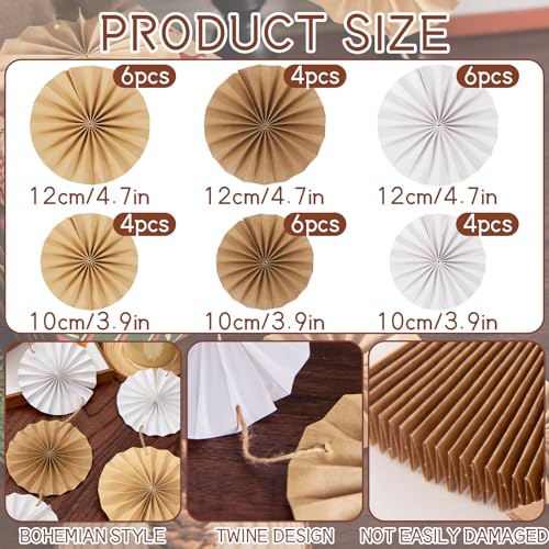 Image of Easy Joy Boho Hanging Paper Fans Neutral Rustic Paper Fans Garland White Brown Party Decorations for Boho Party Baby Shower Birthday Wedding Bridal Classroom Decor
