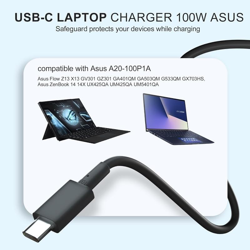 Image of 100W USB-C Laptop Charger for Asus - Fit for ASUS ROG A20-100P1A, Flow Z13 X13, 100W PD Fast Charging for Asus ROG Flow Fit for 90W 65W 45W 27W 15W
