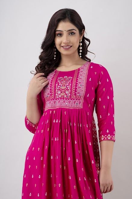 Image of Jai Shree Fab Women's Rayon Round Neck 3 /4 Sleeve Printed Kurti with Side Slit Pattern