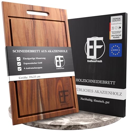 EndlessFresh Schneidebrett Holz - Premium cutting board wood - 39x25cm groß - Holzbrett Küche Akazienholz - Frühstücksbrettchen Holz mit Saftrille, Griff und Füßen - Schneidebrett groß - massiv