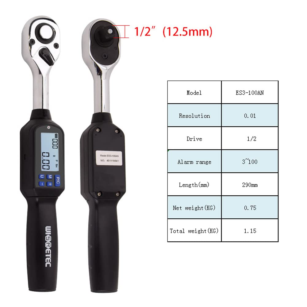 ES3-100AN Llave dinamométrica digital portátil de mano de 1/2 pulgada Pantalla grande con luz de fondo Sonido Alarma LED Medición de picos en tiempo real Cuatro unidades Conmutación Llave