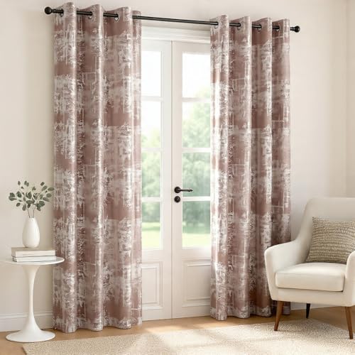 Image of HUTI Home Room Darkening Door Curtain for Home | Heavy Polyester Knitted Jacquard Look Eyelet Curtain | Texture Print | Rose Gold | 7 Feet (120 x 213 cm) | Set of 2