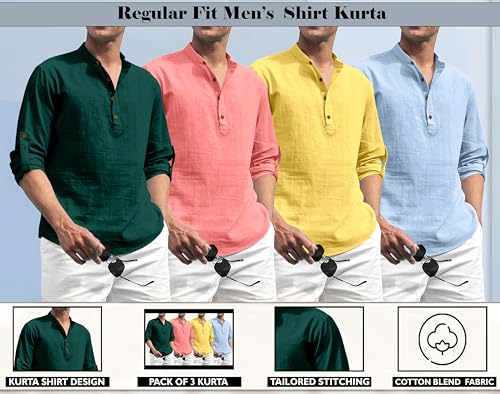 Image of Zombom Combo of Men's Solid Cotton Polyester Blend Full Sleeve Mandarin /Chinese Collor Straight Kurta Shirt (Pack of 4)