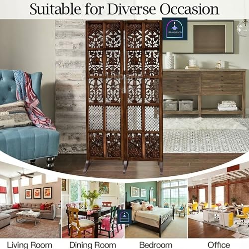 Image of Wooden Room Partition /Screen /Room Divider /Room Separator Burnt Wood Finish (Hand Buffing) Frame Traditional Handicrafts 6Ft Height (2 Panel with Stands)