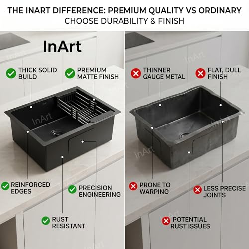 Image of InArt 304 Grade Stainless Steel Single Bowl Handmade Kitchen Sink 2mm Thickness High Grade Stainless Steel with Coupling and Fruit Basket (24 inch X 18 inch X 9 inch Inches)