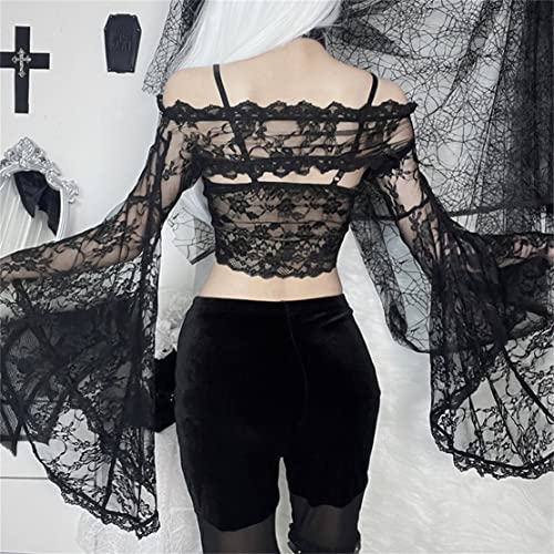 Women Goth Tops Punk Cover Ups Mesh Crop Top See Through Sexy Long Sleeve Blouse Y2k Black Rave Outfit Festival3