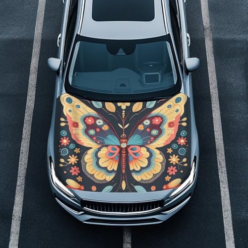Image of Butterfly Flower Car Hood Cover Washable Elastic Color Butterfly Wildflower Auto Accessories for Ditsy Flower Car Hood Decoration and Protection, Universal Fit