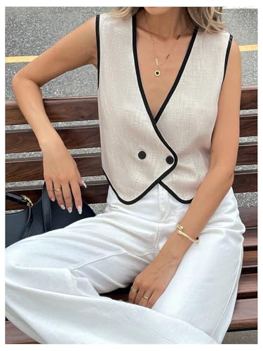 MakeMeChic Women's Contrast Binding Sleeveless Vest Button Down V Neck Work Office Blouses Top3