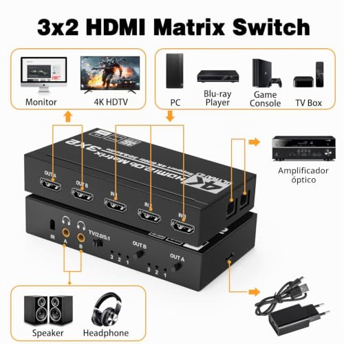 Interruptor HDMI Matrix 3x2 4K con extractor de audio para conectar barra de sonido 2