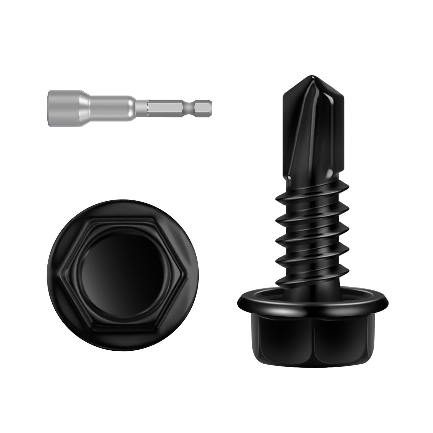 200 PCS #8 x 3/4" Sheet Metal Screws, Black Hex Washer Head Self Drilling Screw, Flanged Hex Self Tapping Screws, 410 Stainless Steel, Hex Bit Socket