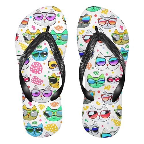 Burbuja Cartoon Cat Faces Wearing Sunglasses Flip Flops for Women Men, Soft Thong Sandals Rubber Slippers for Pool Beach Essentials