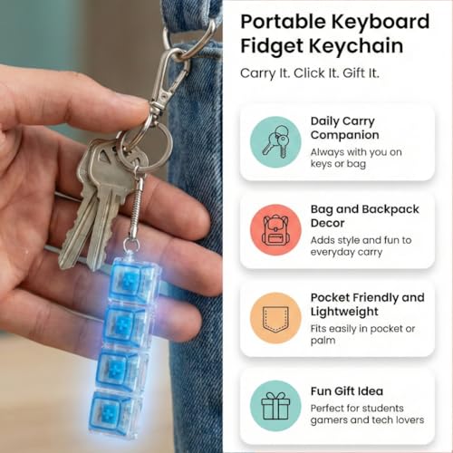 Image of Keyboard Fidget Toy for Adults | 1 Pc Mechanical Key Clicker Keychain with LED Light | 4-in-1 Compact Fidget Keyboard for Desk & Travel | Multicolor (Pack of 2)