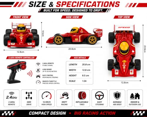 Image of RC Formula Drift Car for Kids, 2.4GHz 4WD Remote Control Racing Car, 16KM /H High Speed Drift Vehicle with Replaceable Tires, 360 Steering, Racing Toy Gift for Boys & Girls (Multicolor)