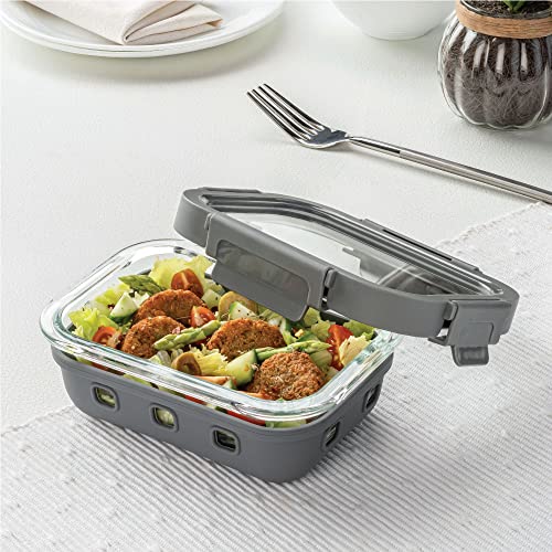 Image of Borosil Klip-N-Store Plus 370 Ml Glass Food Storage Container For Food Storage, With Air-Tight Glass Lid & Silicone Sleeve, Rectangle, For Carrying & Storing Food, Microwave & Oven Safe, Transparent