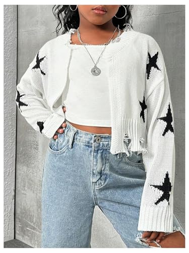WDIRARA Girl's Graphic Print Raw Hem Cardigans Long Sleeve Open Front Knitted Crop Sweaters3