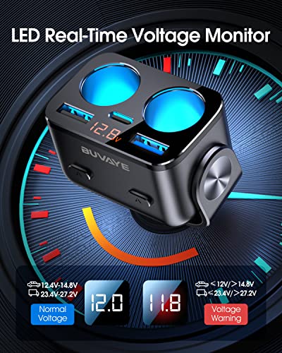 Usb C Car Charger, Buvaye 2-Socket Cigarette Lighter Splitter With 12V/24V Dual Pd30W & Qc3.0 Fast Charging, Cigarette Lighter Adapter Separate Switch Led Voltage Display For Phone, Gps, Dash Cam #TOP2
