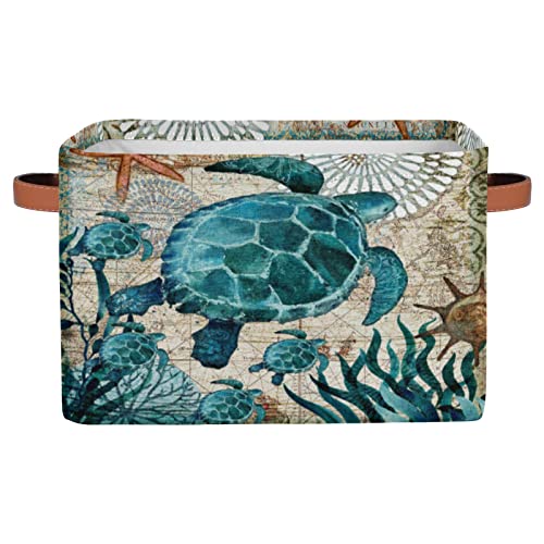 Image of Ocean Turtle Rectangular Storage Bin, Sea Turtle Storage Basket with Handles, Toy Bins, Laundry Hamper, Books Clothes Bag, Gift Baskets for Nursery Home Closet