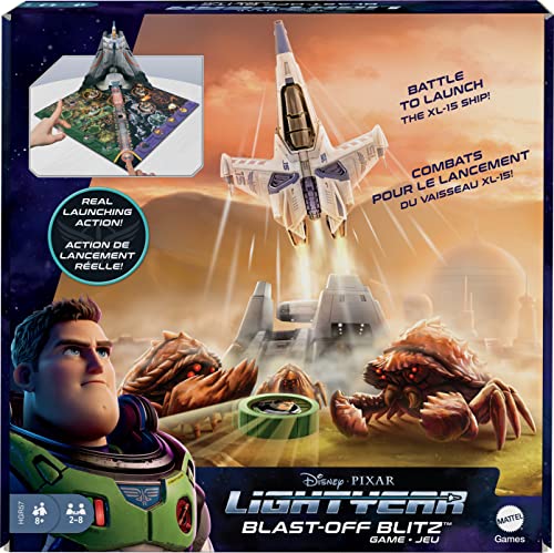 Mattel Disney Pixar Lightyear Blast-Off Blitz Geschicklichkeits- und Action-Puck-Flip-Spiel mit Teamspiel für 2 bis 8 Spieler, Filmthema, Geschenk für Kinder und Lightyear-Fans ab 8 Jahren