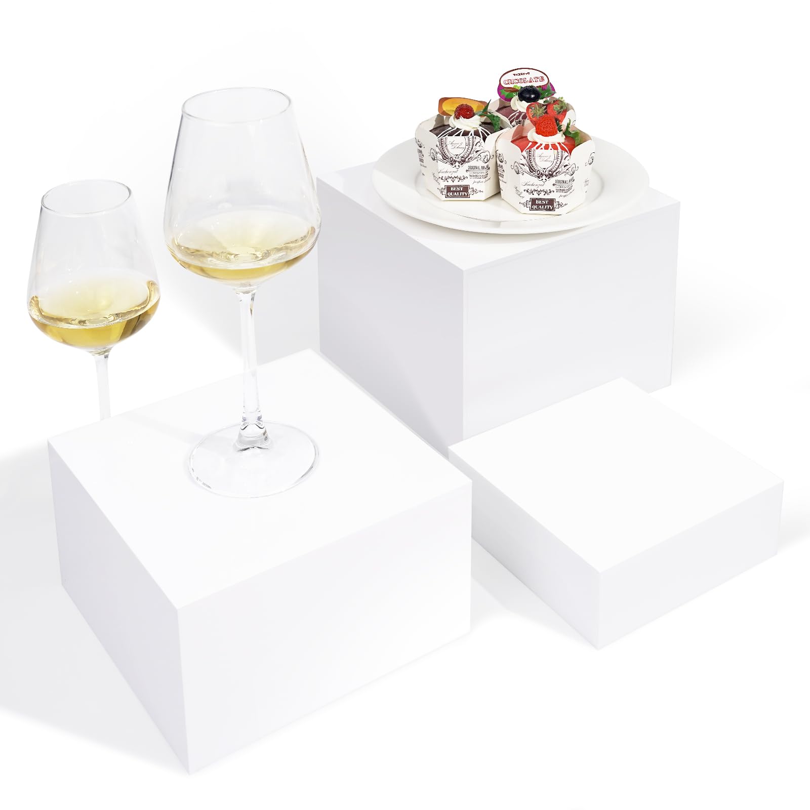 DILIBRA 3PCS Buffet Risers, Food Risers for Buffet Table with Hollow Bottoms, White Acrylic Cube Display Nesting Riser Stand for Display Figures Collectibles Jewelry