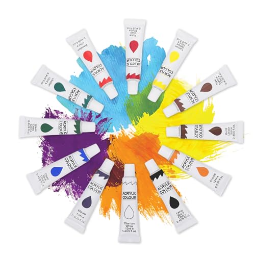 Acrylfarben Set 12 Farben x12ml, Acrylic Paint Set Malfaren für Leinwand Holz Papier Keramik Stein DIY Malen Soft Bunt und Schnell Trocknend (12 x 12ML)