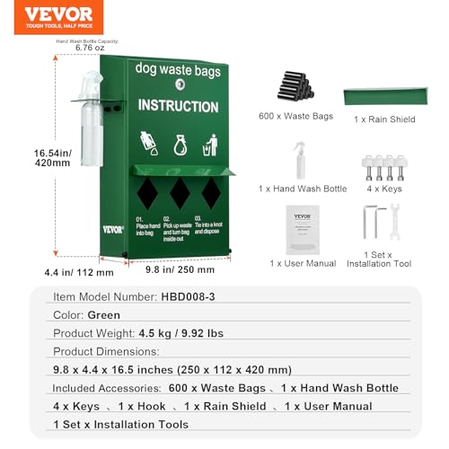 Image of VEVOR Dog Poop Bag Dispenser with Hand Wash Bottle, Lockable Outdoor Dog Waste Bag Holder with 600 Waste Bags, Stake, Pole, Fence & Wall Mounted Dog Poop Bag Storage, Pet Waste Station for Porch, Lawn