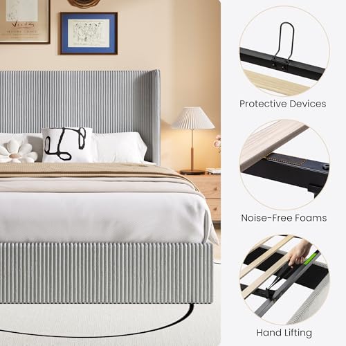 Image of SHA CERLIN Full Lift Up Storage Bed Frame, Upholstered Corduroy, Grey