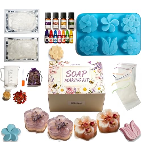 Seife Selber Machen Set Erwachsene - 500g Seifenbasis zum Basteln Erwachsene Frauen, 6 Silikonformen, 7 Pigmente, 4 ätherische Öle, 2 Arten getrocknete Blumen & DIY, Seife Herstellen, Geschenk - Blau