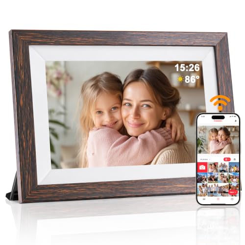 Digital Picture Frame, 10.1" Frameo Digital Frame WiFi with 1280x800 HD IPS Touch Screen, Auto-Rotate, Wall Mountable, Instant Share Photos & Videos from Phone via App, Brown Wood - image 1