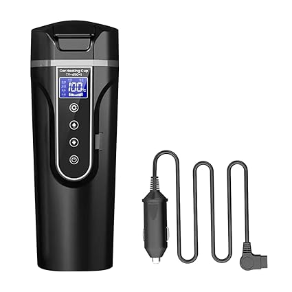 HASTHIP Car Electric Kettle 450ml Electric Heating Water Cup for 12/24V Vehicle LCD Digital Temperature Display Electric Water Kettle 304 Stainless Steel Liner Leak-Proof Water Heaters