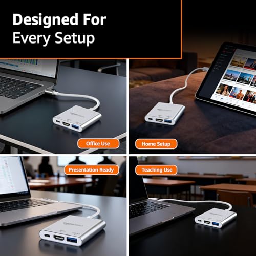 Image of Amazon Basics 3-in-1 USB Type C to HDMI Adapter 4K@30Hz, 100W PD Fast Charging Port, USB A 3.0 @5Gbps Speed, MultiPort HUB for MacBook Pro Air, Windows, Laptop, Tablet, Smartphone & All Type C Devices