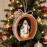 Wlayu Birch Bark Ring Holy Family Nativity Set Hanging Christmas Decorations-Nativity Ornaments with Jute Bow, Nativity Set for Christmas Tree Decoration Wreath Décor Christian Baptism