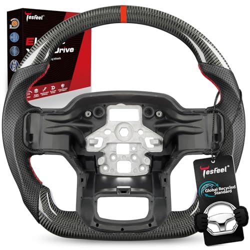 TESFEEL Real 3K Carbon Fiber Steering Wheel for Ford F150 2021-2025 D-Shape Flat Bottom with Black Perforated Nappa Leather Grip Hand-Stitched Sport Design for F-150 XL STX XLT SSV Pro Flash