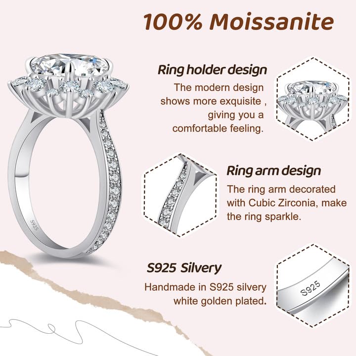 Flower Moissanite Engagement Rings for Women.Women's 925 Sterling Silver Big Flower Shaped Engagement Moissanite Ring,D Color VVS1 Wedding Bands Moissanite Halo Rings 0.5/1.5/2/3CT3
