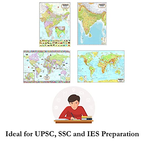 Image of India & World Map ( Both Political & Physical ) with Constitution of India Chart | LAMINATED | SET OF 5 | Useful for UPSC, SSC, IES and other competitive exams