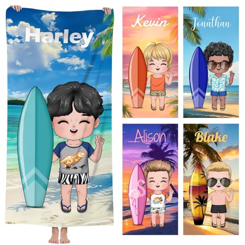 Image of RXLLDOLY Personalised Beach Towel Microfiber, Cartoon Dress Up Bath Towels with Name, Custom Beach Towel for Bestie Couple Family Pool Party Gift (Boy)