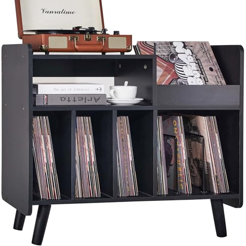 BEROXII Record Player Stand, Large Record Player Table Cabinet with Open Vinyl Storage and Display Shelf Holds up to 350 Albums, Mid Century Wood Turntable for Living Room, Bedroom, (Black)