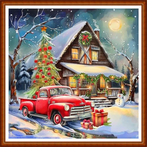Image of Joyhoor Stamped Cross Stitch Kits for Beginners Needlepoint Kits for Adults Embroidery Kits 11CT Counted Cross Stitch Kits Printed Embroidery Pattern-Christmas Snow Scenery 18x18 inchs
