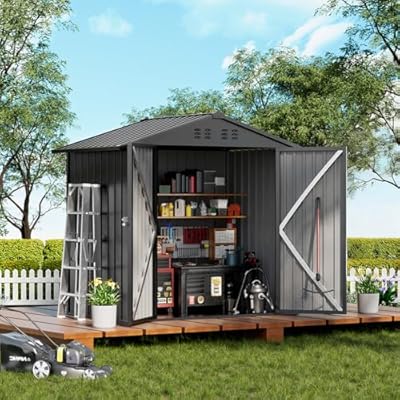 COMHOMA Shed Outdoor Storage Shed Metal,Lockable Doors Tool Sheds with Sloping Roof,Steel Garden Shed with Air Vent for Backyard,Patio,Lawn,Poolside(Grey,6'x4')
