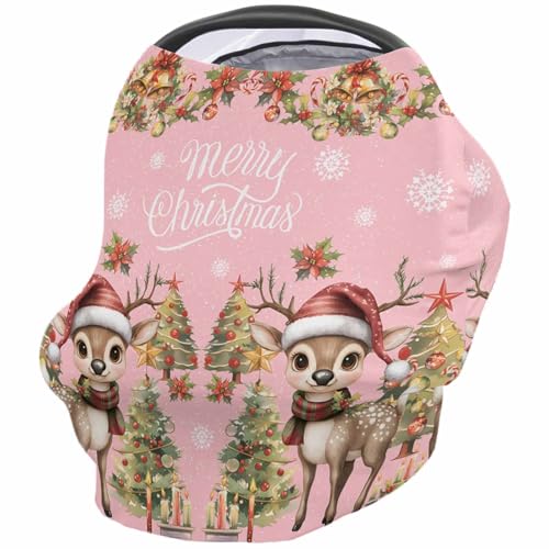 Nursing Cover for Breastfeeding Scarf, Christmas Tree Winter Deer Garland Bell Poinsettia Pink Baby Car Covers Super Soft Multi Use for Canopy Shopping Cart Cover Blanket Stroller Cover
