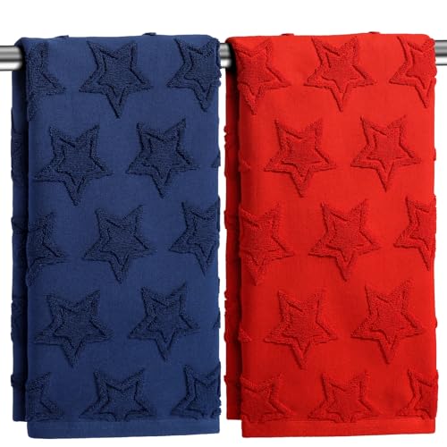 Heirloom Haven 2PCS Patriotic Hand Towels 4th of July Independence Day Americana Red Blue Stars Bath Towels Set 100% Cotton Soft for Holiday Decorative Cooking Cleaning Drying 13.7 x 29.5 Inch
