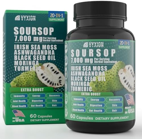 Vyxion Soursop Graviola Supplement with Sea Moss, Moringa, Turmeric, Black Seed Oil, Oregano, Ashwagandha | 20-in-One Herbal extracts for Overall Health-Enhancing | Vegan, Non-GMO | 60 Capsules